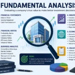 Fundamental Analysis infographic showing financial statements, financial ratios, business analysis, industry analysis, economic factors, and valuation for stock investing.