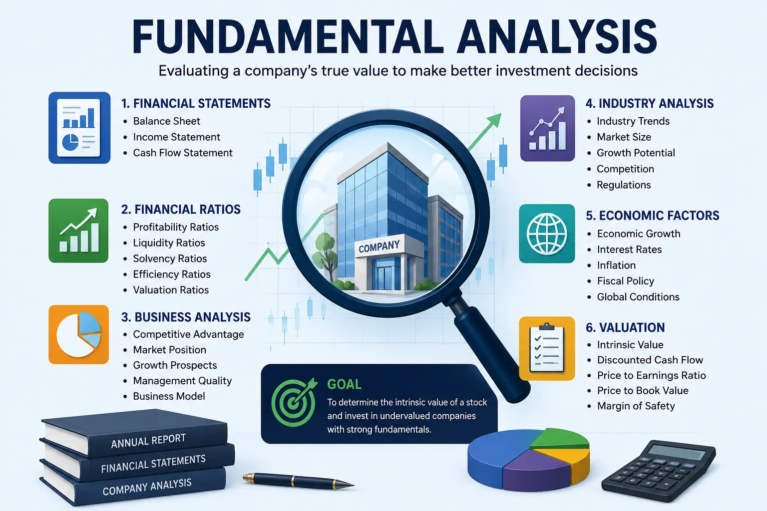 Fundamental Analysis infographic showing financial statements, financial ratios, business analysis, industry analysis, economic factors, and valuation for stock investing.